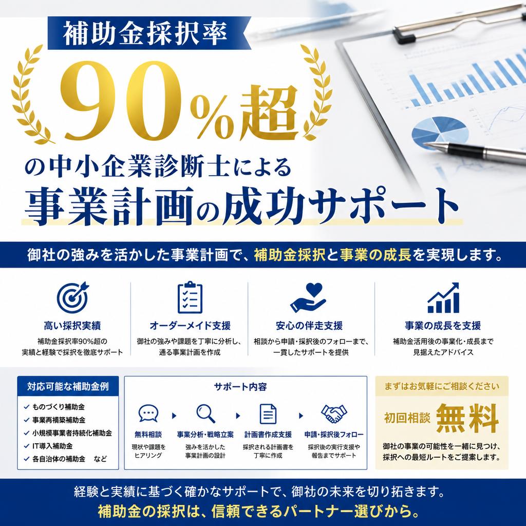 補助金採択率90％超の中小企業診断士による事業計画の成功サポート